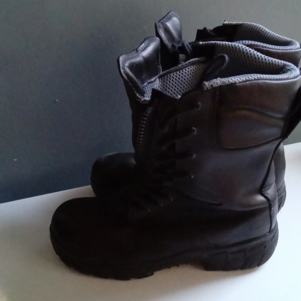 Black Leather Combat Boots Side Zip Lace Up Chunky Sole Work Military Style Mens
